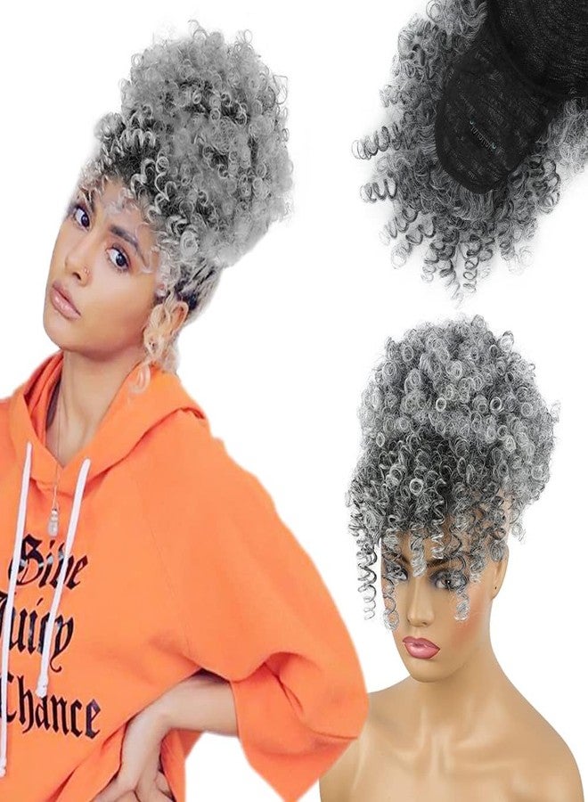 إنترانسد ستايلز تسريحة ذيل حصان برباط مع غرة، وصلات شعر ذيل حصان أفرو للنساء، ذيل حصان قصير مجعد مع غرة، قطعة شعر ملفوفة بمشابك للنساء (رمادي فاتح)... - Image 1